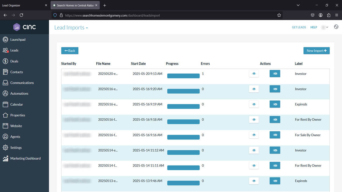 browser screenshot of CINC lead imports
