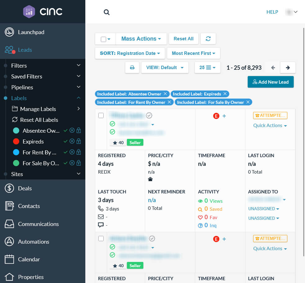 screenshot of CINC labels Expireds, Absentee Owners, FSBOs and FRBOs